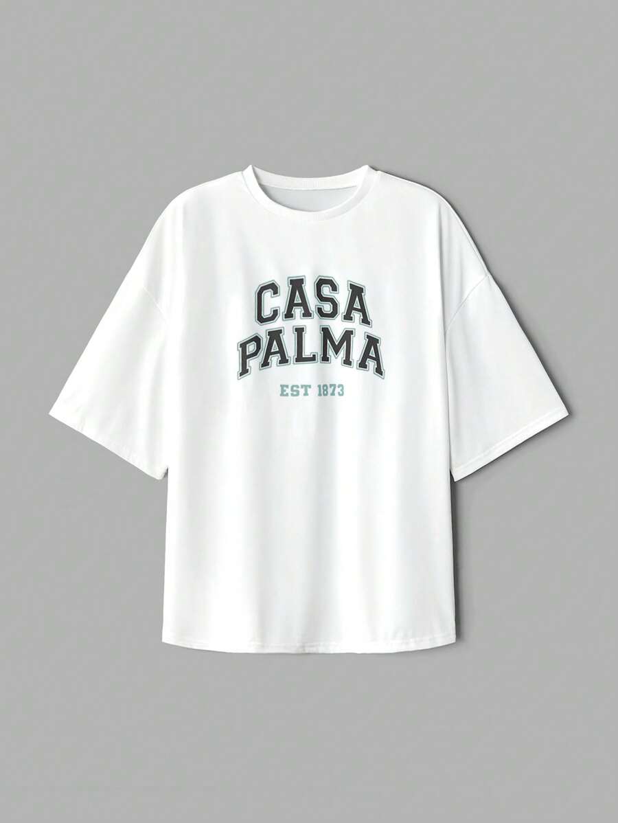 SHEIN Women Letter Print Round Neck Short Sleeve Casual T-Shirt - White - View 1