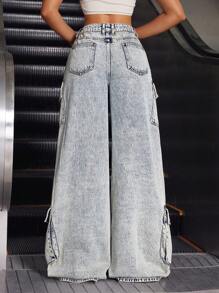 SHEIN ICON 女士休闲洗水阔腿工装牛仔裤 - 藍色 - 查看 2