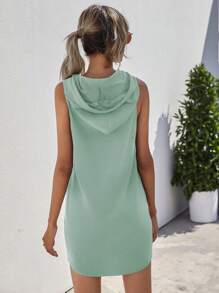 SHEIN LUNE Summer Casual Solid Color Drawstring Hooded Sleeveless Mini Dress - Green - View 2