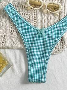 Swim Mod Beach Summer Outfits For Women: Random Plaid Spaghetti Strap Bow Cute 2 Pieces Bikini Set - Blue - View 4