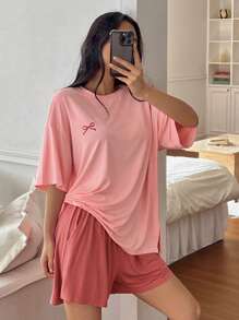 DAZY Bow Printed Minimalist Knit Matching T-Shirt And Shorts Women's Home Wear Set Pajama - Pink - View 5