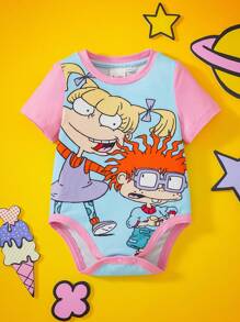 Nick 90s | SHEIN ベビーガール ピンク&ブルー 漫画の仲間パターン かわいい快適ボディスーツ