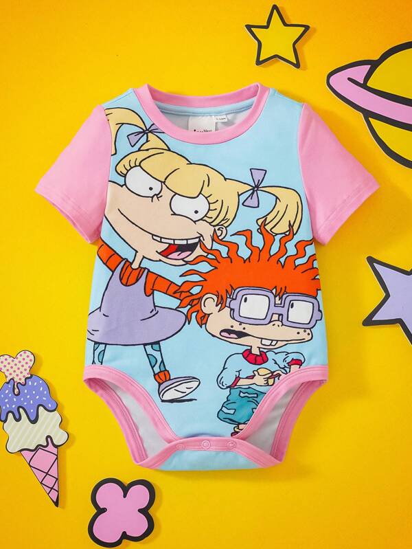 Nick 90s | SHEIN Pelele cómodo y lindo con patrón de amigos de dibujos animados en rosa y azul para bebé niña