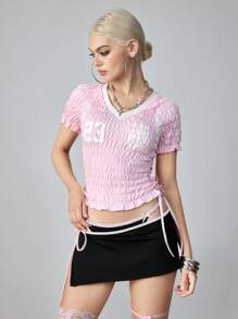 ROMWE Avant Women's Numeric Print V-Neck Ruched Cropped Fashion T-Shirt - Pink - View 7