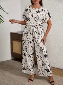 SHEIN Clasi Combinaison casual à manches chauve-souris imprimée de fleurs tout-sur-tout, grande taille pour les vacances - Multicolore - Voir 7
