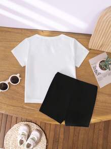 SHEIN Playful Pals Baby Girls Casual Fashion Creative Cherry Shaped, Leopard Element Bow Print Short Sleeve T-Shirt And Shorts Set, Sibling Outfits Matching Outfits (2 Sets Pieces Are Sold Separately) - Multicolor - View 2