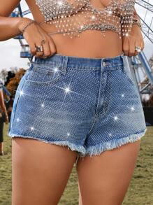 SHEIN ICON Luxury Rhinestone Embellished Plus Size Denim Ultra Shorts - Medium Wash - View 1