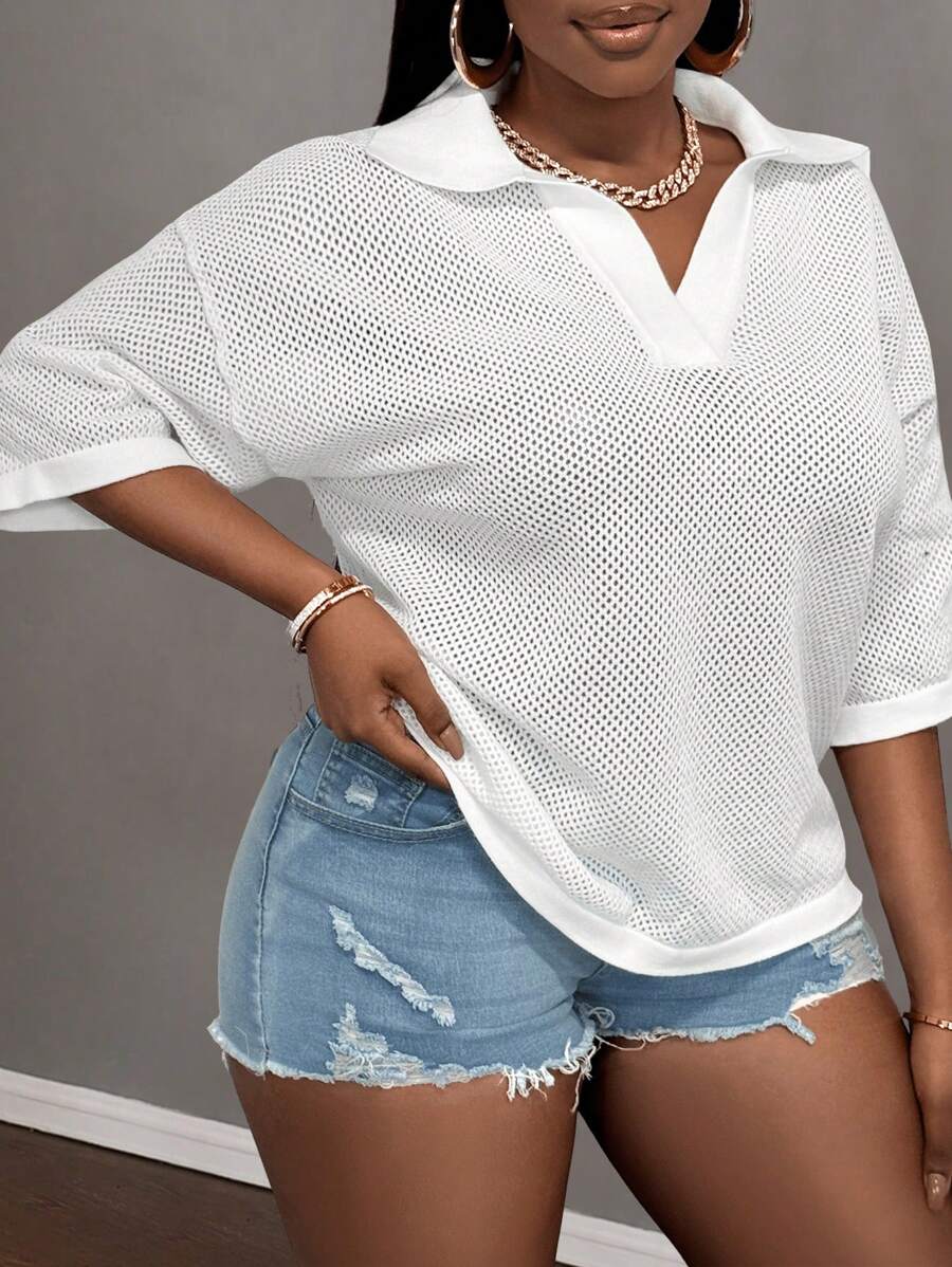 Slaydiva Loose Fit Solid White V-Neck Drop Shoulder Casual Vacation Hollow-Out Knit Plus Size T-Shirt Top For Women, Spring/Summer - White - View 1