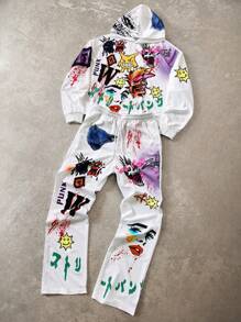 Manfinity EMRG Men Street Graffiti Punk Style Hooded Sweatshirt And Sweatpants Set