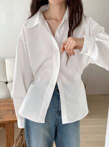 DAZY 女士条纹领口修身衬衫，商务休闲，蓝色，春夏秋装，秋季女装长袖上衣 - 白色 - 查看 6