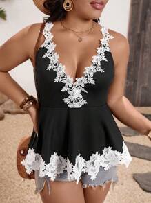 SHEIN Clasi Plus Size Sexy Lace A-Line Camisole - Black - View 3