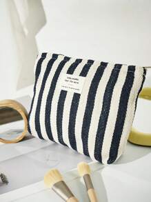 Striped Letter Design Cosmetic Bag, Large Capacity Portable Makeup Pouch For Daily Use