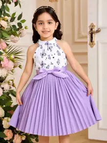 Festival Young Girl Sleeveless Butterfly Printed & Solid Color Pleated Butterfly Top Dress, Showing Her Youthful Vitality, Cute Innocence, Fashionable Personalized And Sweet Traits, Spring/Summer New Princess Dress Gift - Multicolor - View 1
