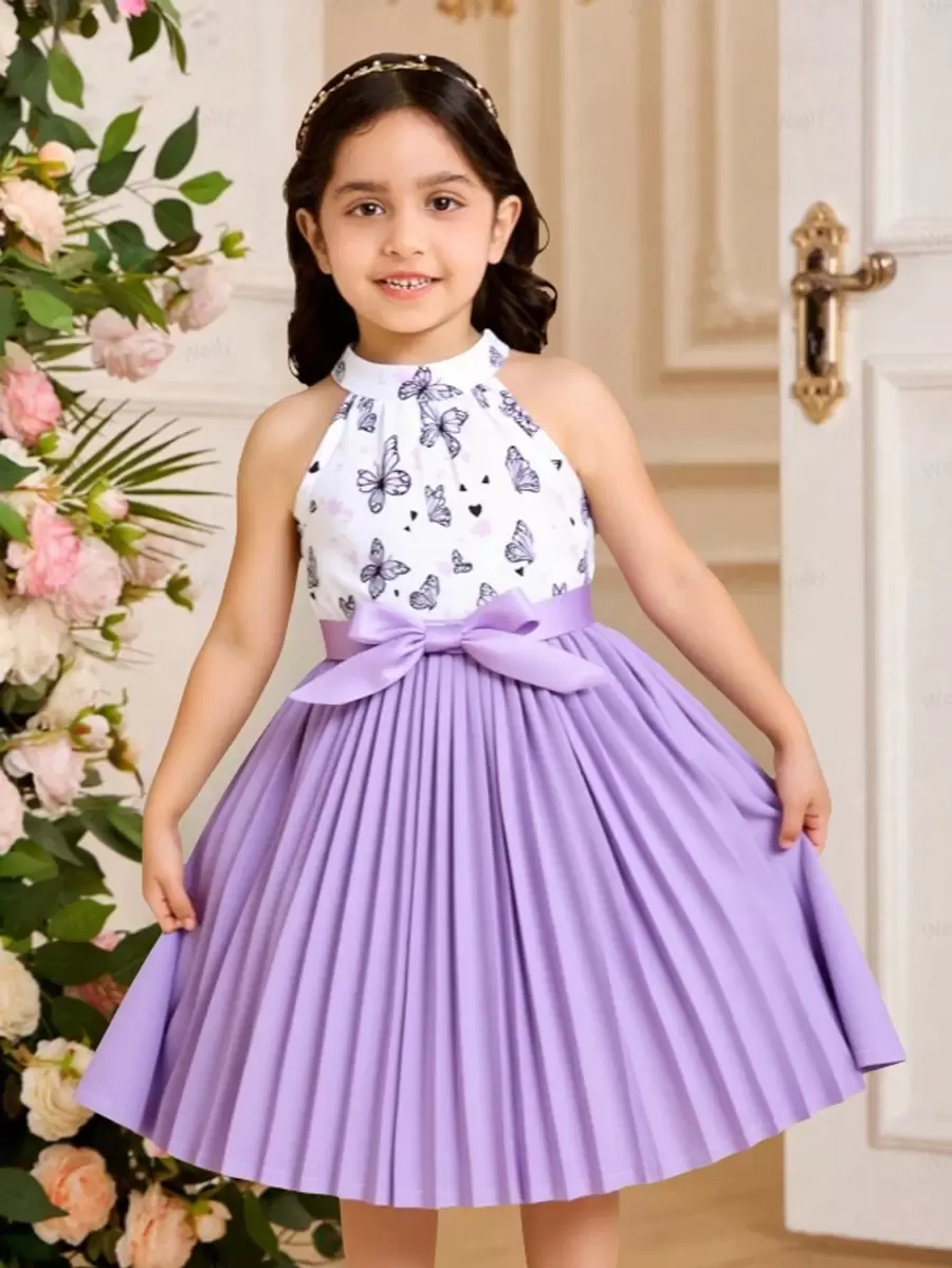 Festival Young Girl Sleeveless Butterfly Printed & Solid Color Pleated Butterfly Top Dress, Showing Her Youthful Vitality, Cute Innocence, Fashionable Personalized And Sweet Traits, Spring/Summer New Princess Dress Gift - Multicolor - View 1