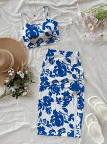 Soleia 2pcs/Set Women Floral Print Camisole Top & Drawstring Waist Mini Skirt, Vacation Set Suitable For Going Out