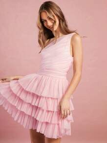 Enchnt 不对称褶饰分层网眼连衣裙 - 淺粉色 - 查看 4