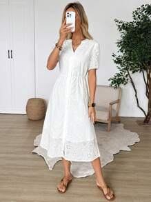 EMERY ROSE Women V-Neck White Lace Long Sleeve Dress - White - View 3