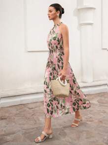 Aveloria 202525 New Spring/Summer European And American Fashion Elegant Charming Women's Cold-Shoulder Stand Collar Pleated Print Cinched Waist Slim Fit Mid-Length Dress Boho Vacation Fashionable Style All Over Print - Multicolor - View 5