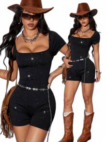 Coolane Tween 女童春夏 Rave 亮片弹力连体衣 - 黑色 - 查看 1