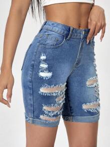 SHEIN Girlism Teen Girl Y2K Spring Summer Beach Holiday Solid Washed Low Waist Ripped Raw Hem Denim Shorts, Summer Biker Shorts Boho Beach Concert Rave Festival - Medium Wash - View 4