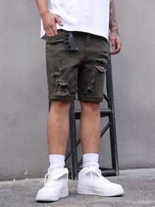 Manfinity Homme Men's Ripped Hem Casual Denim Shorts With Pockets - Army Green - View 3