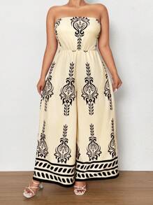 Maweii Plus Size Retro Print Halter Wide Leg Jumpsuit, Casual Resort Wear