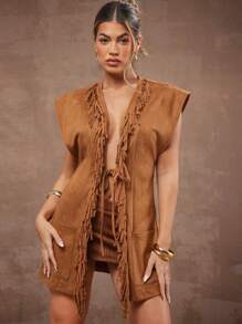 Hauture Chaqueta regular con flecos y cordón para mujer - Marrón - Ver 1