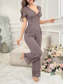 Côtesoire 2pcs Women Solid Color V-Neck Contrast Lace Waist Cinching Short Sleeve Pajama Set - Dusty Purple - View 4