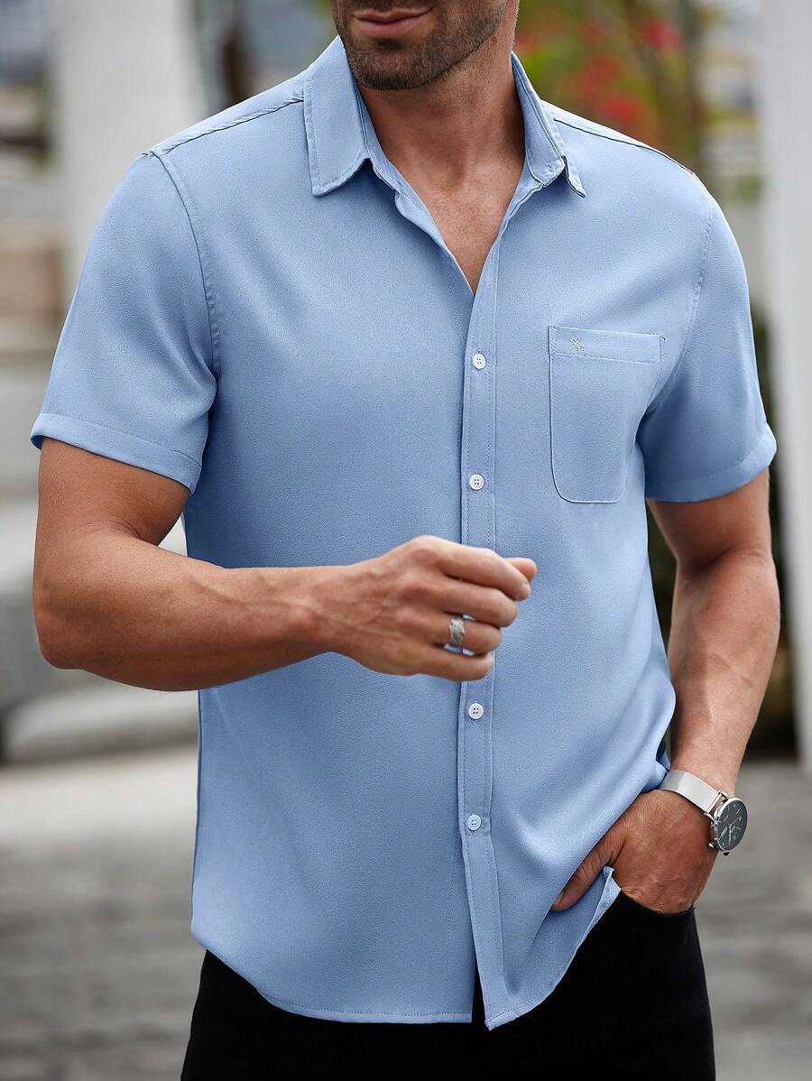 Manfinity Homme Men's Solid Color Single Breasted Pocket Casual Short Sleeve Shirt Nice Shirts For Men Shirts For Men Men Shirts Casual Shirts For Men Shirts For Guys Men Dress Shirts Short