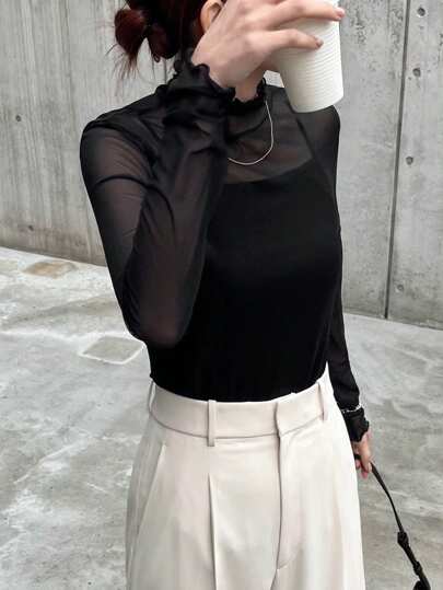 FRIFUL Blusa de mujer de unicolor con cuello alto, ajustada y de malla transparente de manga larga