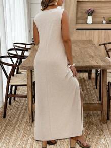 SHEIN Clasi Plus Size Feminino Casual Decote Em V Retro Estampa Sem Mangas Vestido Com Fenda Lateral, Verão - Damasco - Ver 2