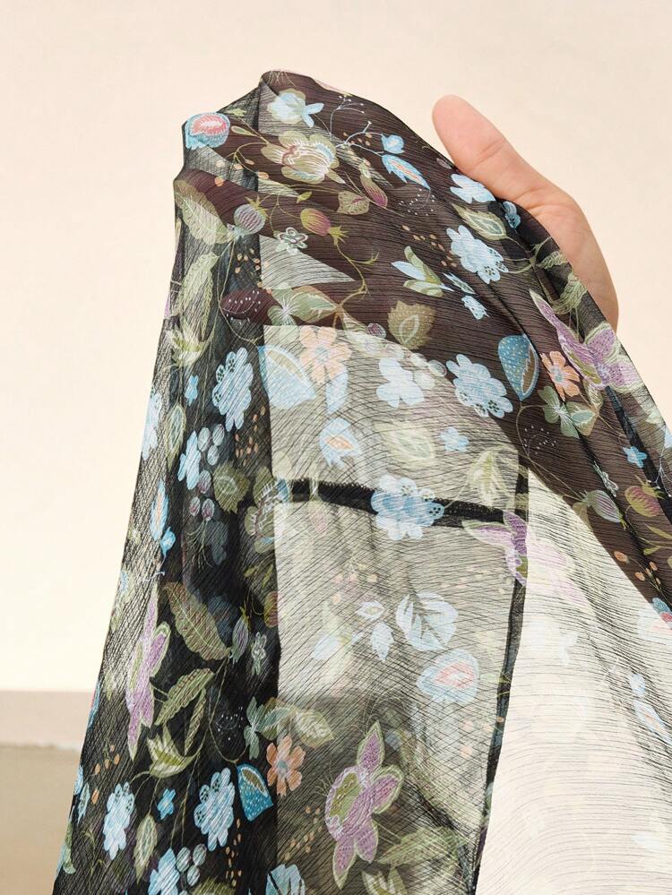 Summer Vacation & New Year's Elegant Floral Print Dress, Ruffle V-Neck Criss-Cross Waist Sheer Fabric Long Sleeve Vacation Beach Dress, Suitable For Valentine's Day