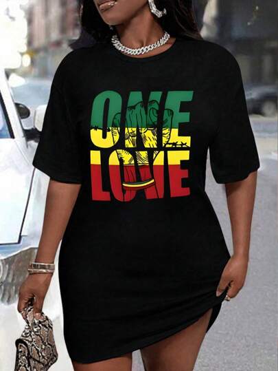 Maweii Plus Size Women Letter Print Round Neck Short Sleeve Casual T-Shirt Dress