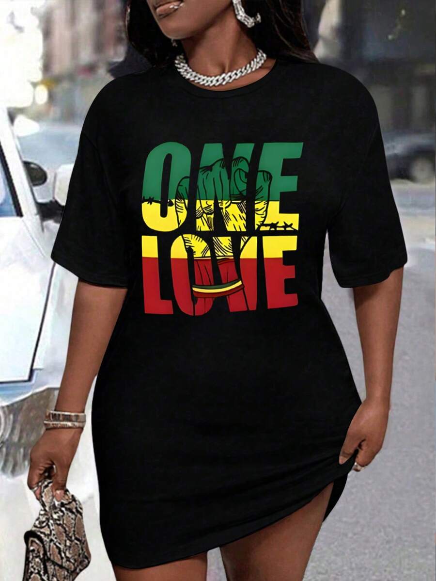 Maweii Đầm thun cổ tròn tay ngắn in chữ cỡ lớn cho nữ - màu đen - Xem 1