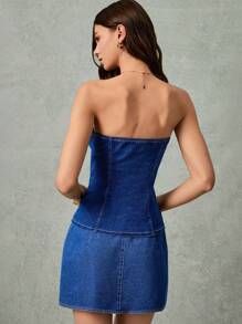 Poéselle Women Bow Decor Open Hem Cropped Denim Tube Top - Dark Wash - View 7