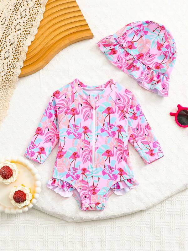 SHEIN Newborn Baby Tropical Plants Print Long Sleeve Romper Swimsuit