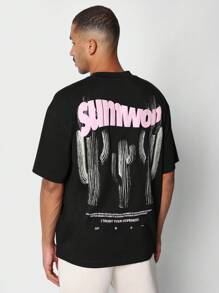 SUMWON Oversized Street Style Summer T-Shirt Cactus Graphic Print Desert Theme Casual Streetwear Urban Fashion Skateboard Style Youth Culture Statement Tee