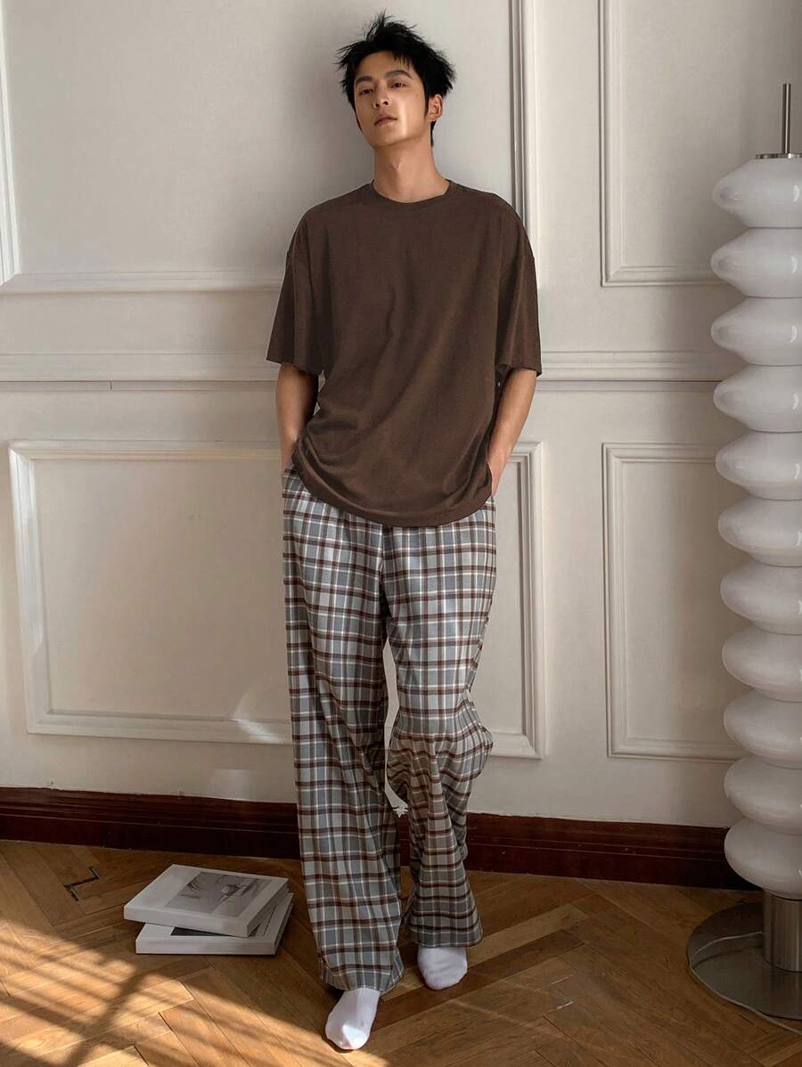 DAZY 夏季纯色短袖 T 恤和复古格子裤男士睡衣套装 - 咖啡棕 - 查看 1