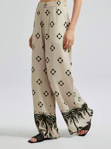 Ontre Apricot Coconut Tree Print Elastic Waist Wide Leg Casual Pants