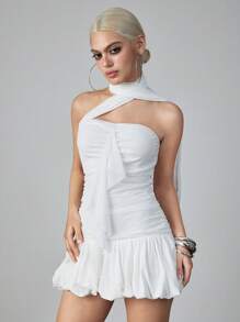 ROMWE Avant Women's Sports Style Ballet Flounce Hem Bodycon Halter Dress - White - View 1