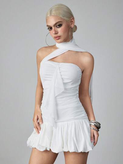 ROMWE Avant Women's Sports Style Ballet Flounce Hem Bodycon Halter Dress