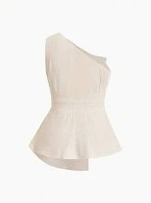 Ellevyn Damen Anzug mit Leinentop mit schräger Schulter und weiter Hose, Damen Sommerkleider