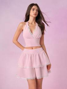 SHEIN MOD 粉色优雅蕾丝拼布两件套，吊带上衣+蕾丝蛋糕裙，度假两件套，春假女装，波西米亚女装，返校女装，沙滩 - 淺粉色 - 查看 1