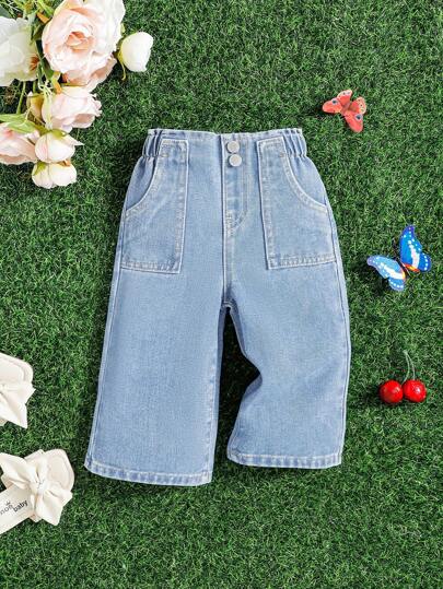 SHEIN 女婴 2025 新款口袋阔腿宽松休闲百搭牛仔裤，女童春夏休闲度假乡村波西米亚风服饰，女童沙滩装，女童西部街头装，春假装，狂欢装节日牛仔裤