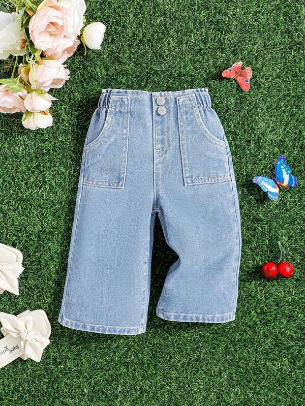 SHEIN 女婴 2025 新款口袋阔腿宽松休闲百搭牛仔裤，女童春夏休闲度假乡村波西米亚风服饰，女童沙滩装，女童西部街头装，春假装，狂欢装节日牛仔裤