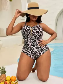 SHEIN Swim Curve Plus Size One-Piece Leopard Print Swimsuit, Minimalist & Fashionable, Suitable For Summer - Multicolor - View 3