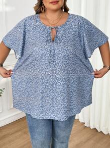 SHEIN CURVE+ 大码女式全版印花系带蝴蝶袖衬衫波西米亚风度假