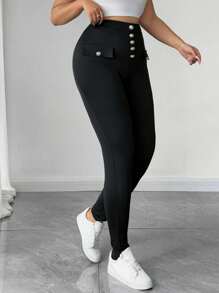 Elenzga Plus Size Women Casual Solid Color Button Decor Slim-Fit Pants - Black - View 4