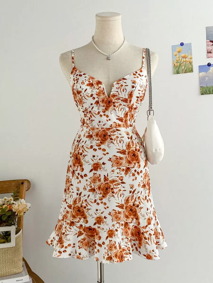 Soleia 女士 V 领绑带花卉扎染印花迷你连衣裙，度假/夏季/春季