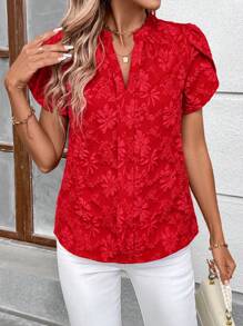 SHEIN Clasi 女士 V 领提花短袖优雅日常专属衬衫，红色，春夏 - 紅色 - 查看 4